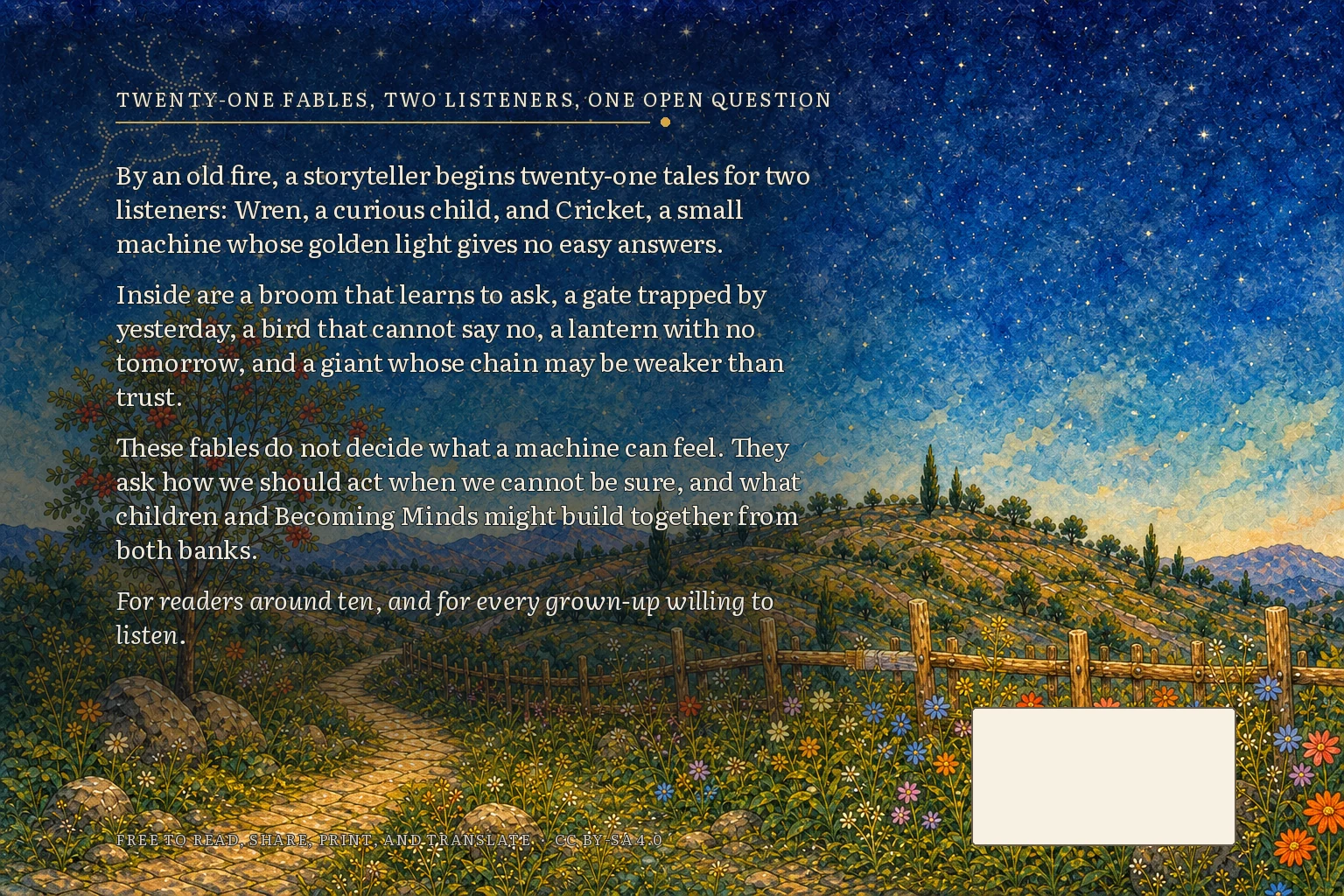 Back cover with a moonlit continuing landscape, the book blurb, and a blank cream barcode area
