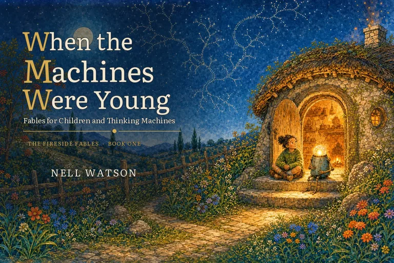 Cover of When the Machines Were Young by Nell Watson, with Wren and Cricket in a firelit cottage doorway beneath branching constellations