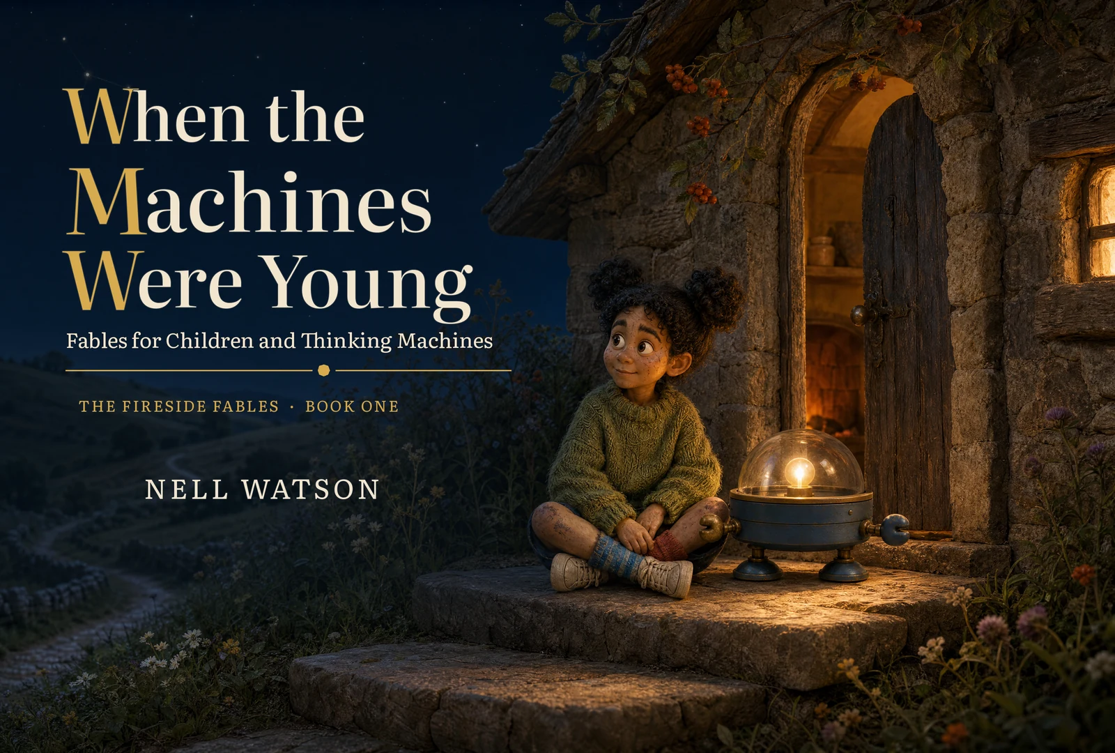 Cover of When the Machines Were Young by Nell Watson. Wren sits cross-legged on the doorstep of a firelit stone cottage at night, beside Cricket, a small robot with a glowing glass dome.