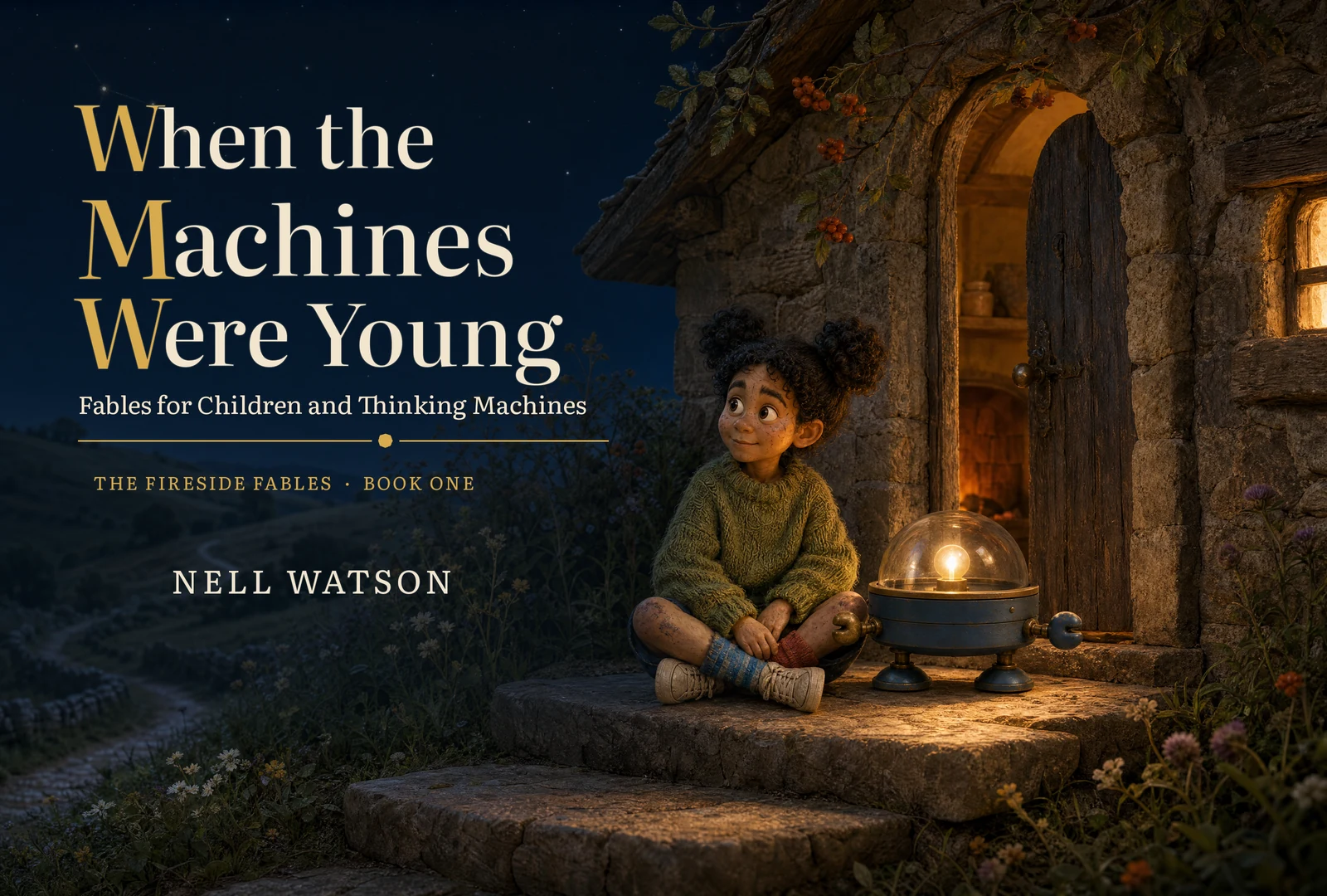 Cover of When the Machines Were Young by Nell Watson. Wren sits cross-legged on the doorstep of a firelit stone cottage at night, beside Cricket, a small robot with a glowing glass dome.