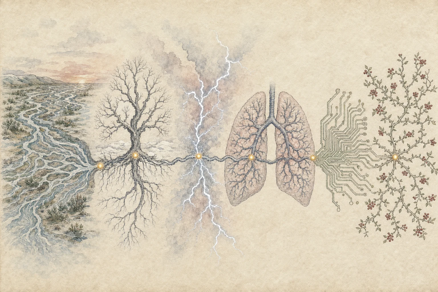 The same branching hand draws rivers, trees, lightning, lungs, and circuits.