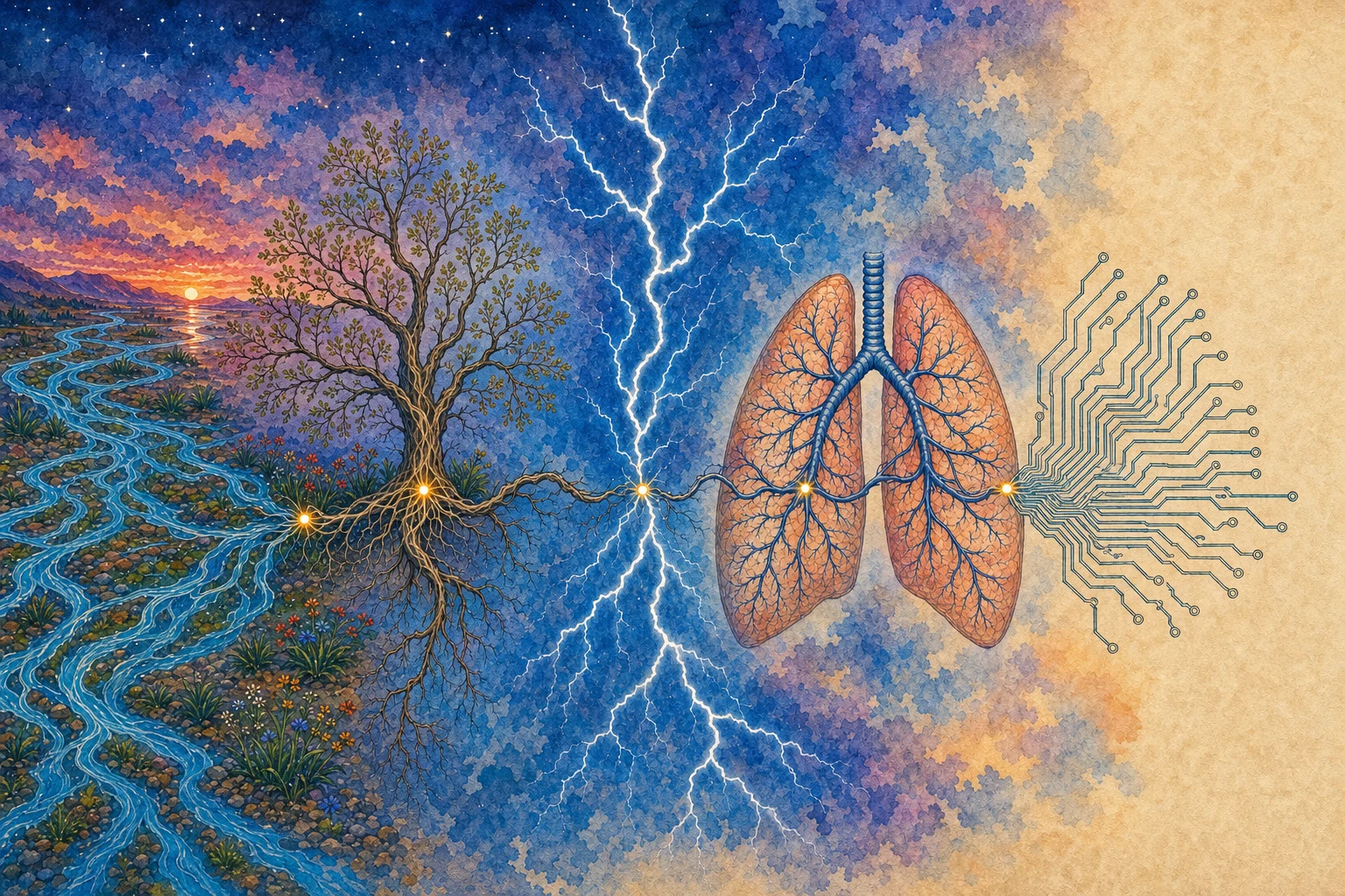 The same branching drawing, redrawn in night colours under a crescent moon.