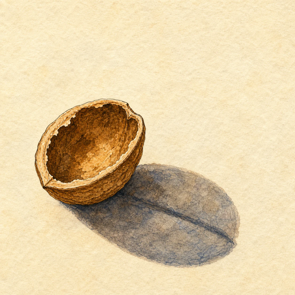 An empty half walnut shell that casts the shadow of a whole walnut.
