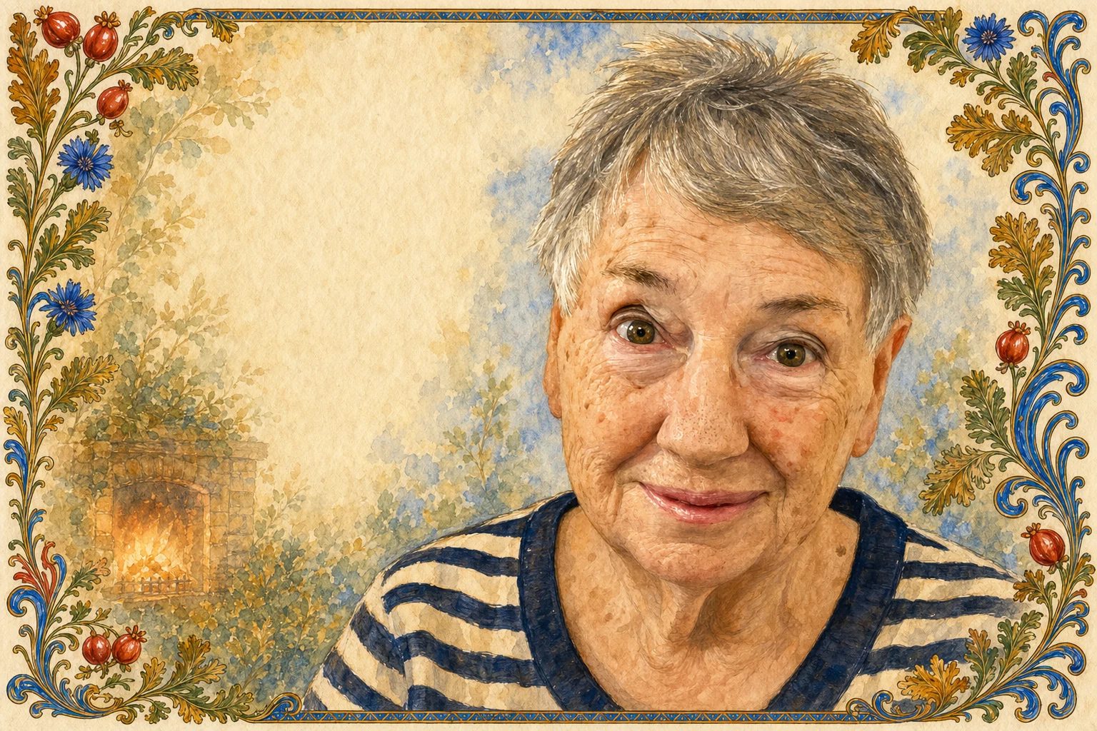 A warm watercolour-and-gouache portrait of Anne Elizabeth Watson, with short silver-grey hair and a gentle smile, framed by oak leaves, blue flowers, rose hips, and restrained gold.
