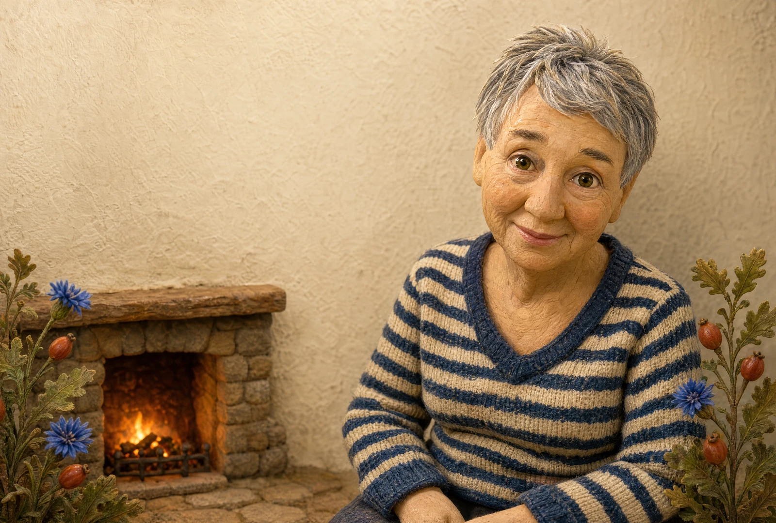 Anne Elizabeth Watson, with short silver-grey hair and a blue-and-cream striped jumper, smiles beside a small stone fireplace and blue flowers.