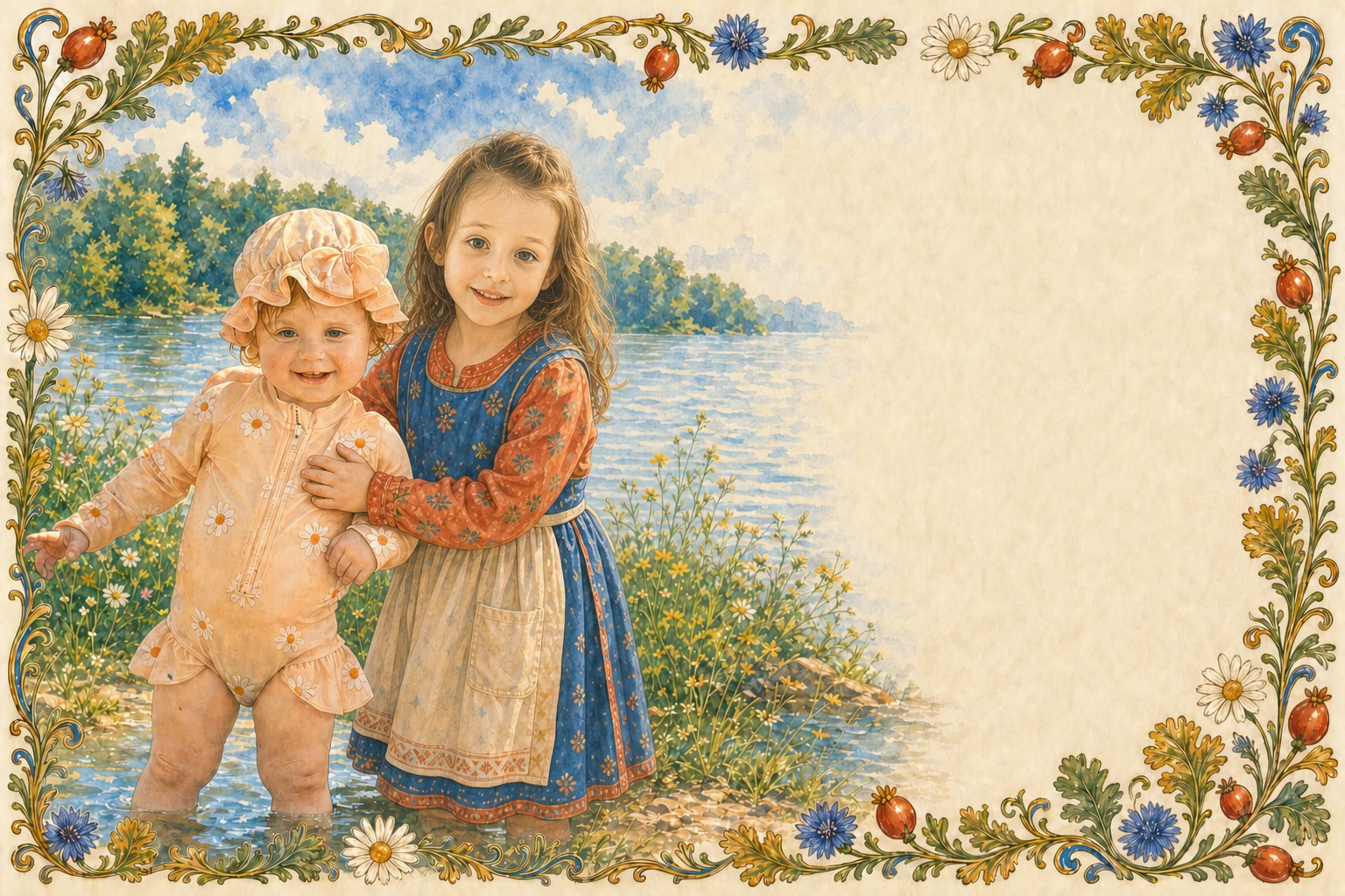 A warm watercolour-and-gouache portrait of four-year-old Raluca and toddler Hannah together at the edge of a summer lake, framed by daisies, oak leaves, blue cornflowers, rose hips, and restrained gold.
