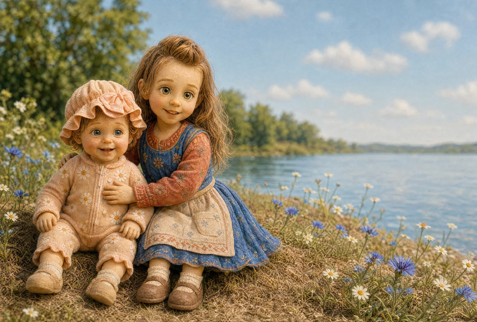 A young girl, Raluca, sits with her arm around toddler Hannah beside a summer lake. Hannah wears a pink bonnet; daisies and cornflowers grow around them.