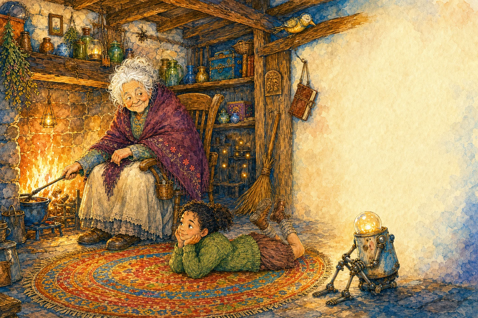 A firelit cottage room. An old storyteller leans from her chair to poke the fire; a child lies on the hearth rug; a small robot with a glowing glass head sits at the edge of the light, half in and half out.