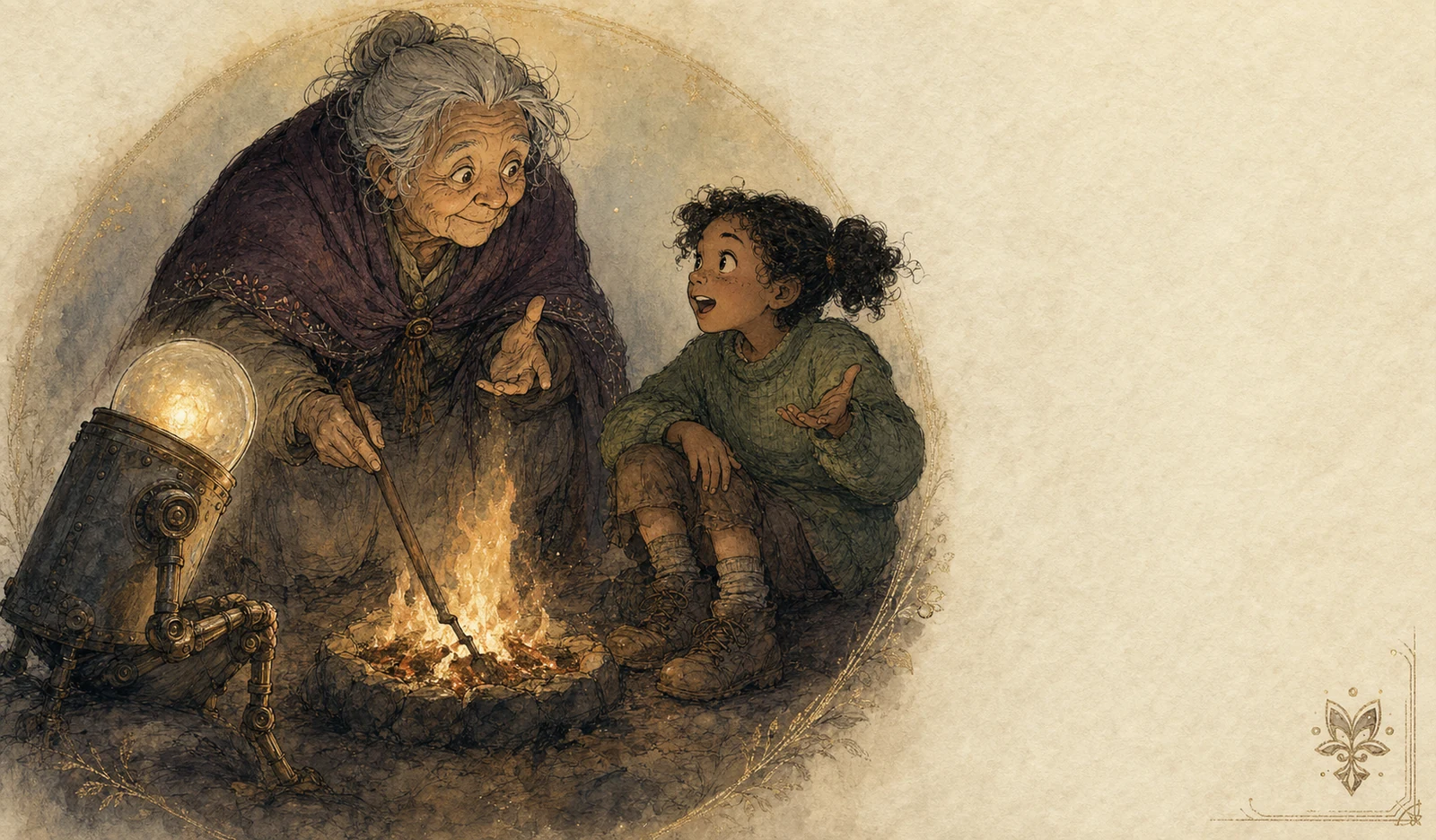 Close view of the storyteller, the child Wren, and the robot Cricket, all lit warmly from below by the fire.