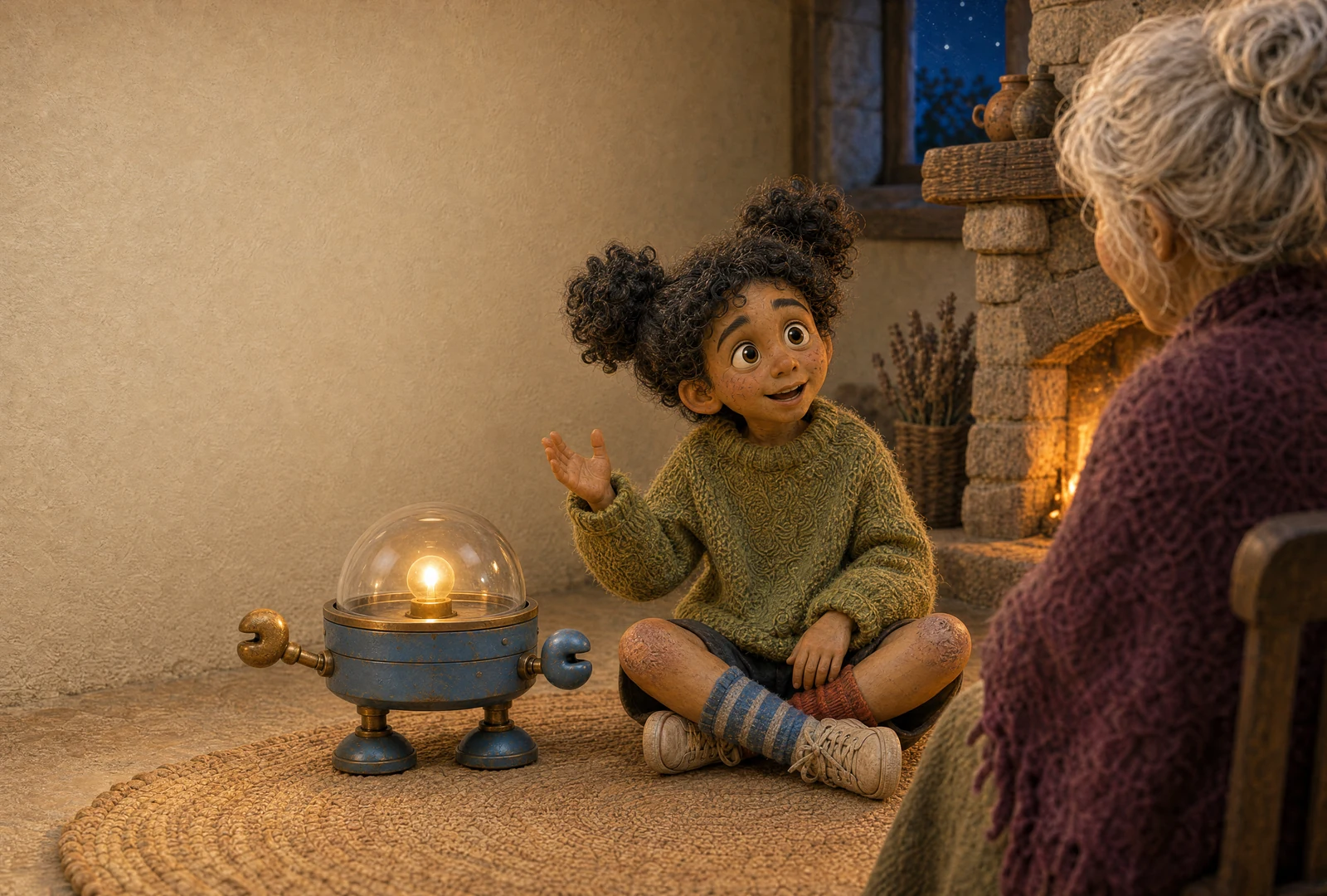 Seen over the storyteller’s shoulder, Wren raises a hand as she answers beside the fire. Cricket stands at her side, its light glowing beneath the glass dome.