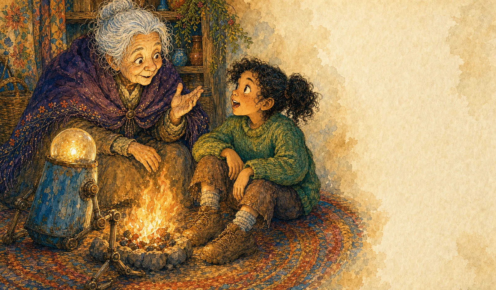 Close view of the storyteller, the child Wren, and the robot Cricket, all lit warmly from below by the fire.