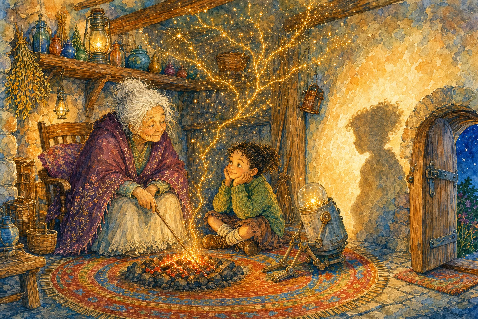 The fire has burned to embers. Gold sparks rise and scatter into branching constellations above the three companions, whose shadows overlap on the cottage wall. Below, a round door stands ajar on the night.