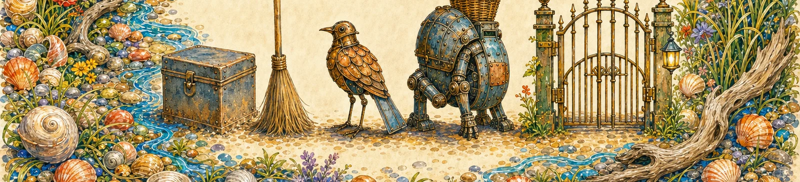 A page framed by tideline things, shells, grasses, and a curled wave. At its foot stand the five Part One creatures in order: a small box, a broom, the copper Garden-Grown Bird, the odd humped Spare with its basket cradle, and the remembered gate. Above them, two equal circles overlap to form one vertical gold almond at their true intersection.