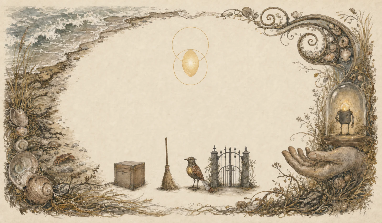 A page framed by tideline things, shells and grasses and a curled wave. At its foot stand a small box, a broom, the copper Garden-Grown Bird, and a gate; a gold almond of light floats above them.