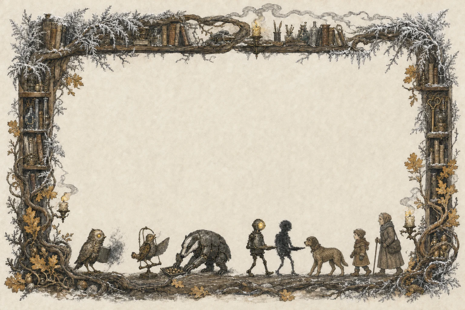 A wintery page framed by branching bookshelves, frost, and candle smoke. Along the foot walk the clockwork owl, tin Yes-Bird, iron badger, a small brass machine beside its own dark Shadow-Twin, a dignified dog, a child, and an older caretaker.