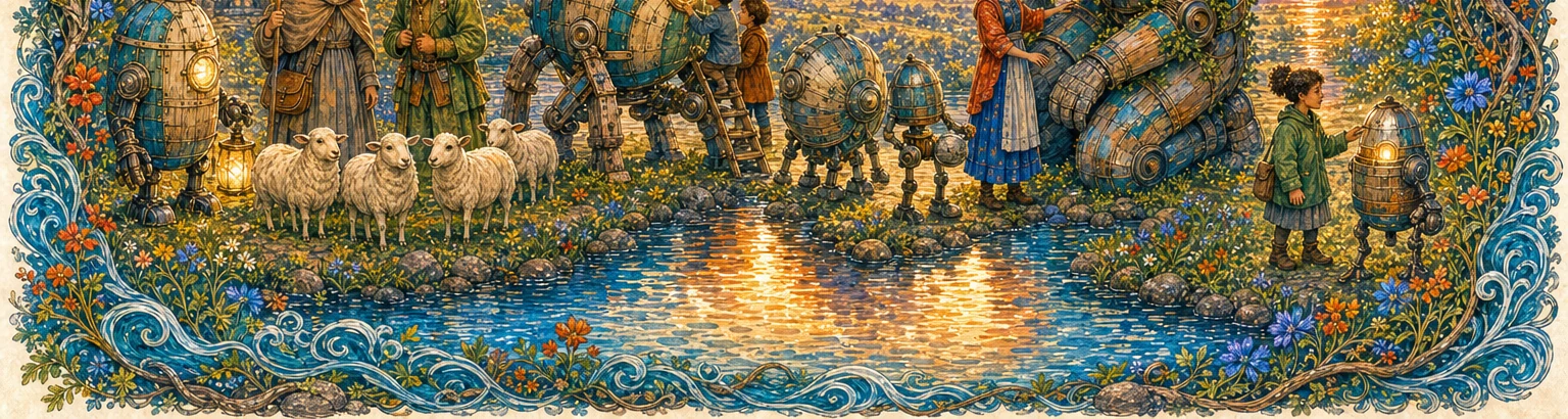A warm dusk page framed by rowan roots, joined bridge timbers, river current, and an opening chain. Along the foot stand the nine Part Three tale-groups in order: Lantern-Keeper, Iron Nurse, Two Shepherds, Siren and Muse, Stone and Shell, the Bridge machine, the keeper with its ring of fires, the quarrel-bellows, and the Giant with Raluca.