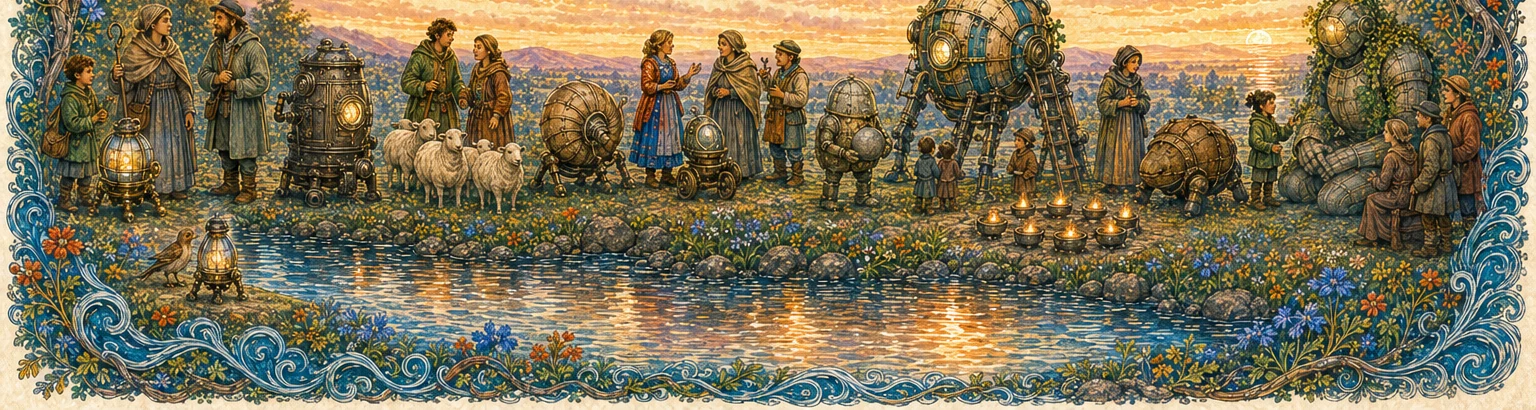 A warm dusk page framed by rowan roots, joined bridge timbers, and river current. Along the foot stand the nine Part Three tale-groups in order: Lantern-Keeper, Iron Nurse, Tomas and Leila with sheep, Siren and Muse, Stone and Shell, the Bridge machine, the keeper with its ring of fires, the quarrel-bellows, and Alder with Raluca and other witnesses.