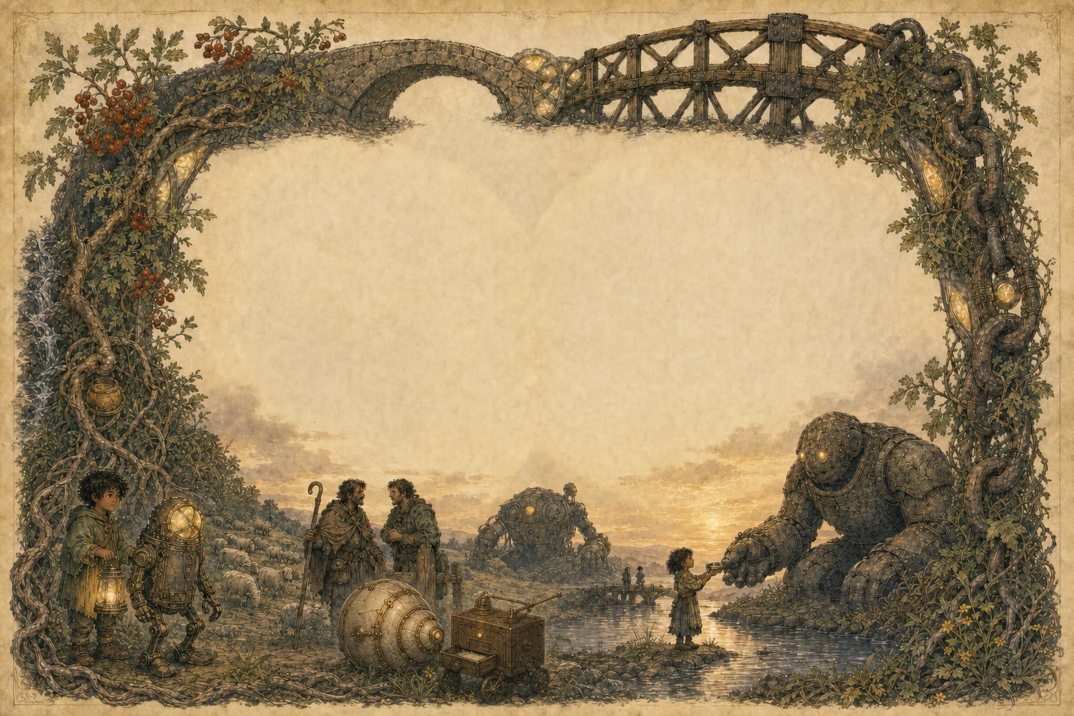 A warm dusk page framed by rowan roots, joined bridge timbers, river current, and an opening chain. Along the foot, Wren and the one-lamped Cricket, two shepherds and their flock, the shell-shaped Siren and three-wheeled Muse, the Bridge's huge gentle machine with children, and the Giant with Raluca meet across the river.