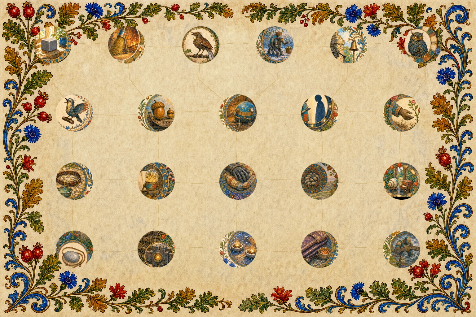 Twenty-one circular, text-free Bestiary portraits form a balanced illuminated constellation in four rows of six, five, five, and five. Thin branching gold lines connect every portrait, with one deliberate place for each fable and none left empty.