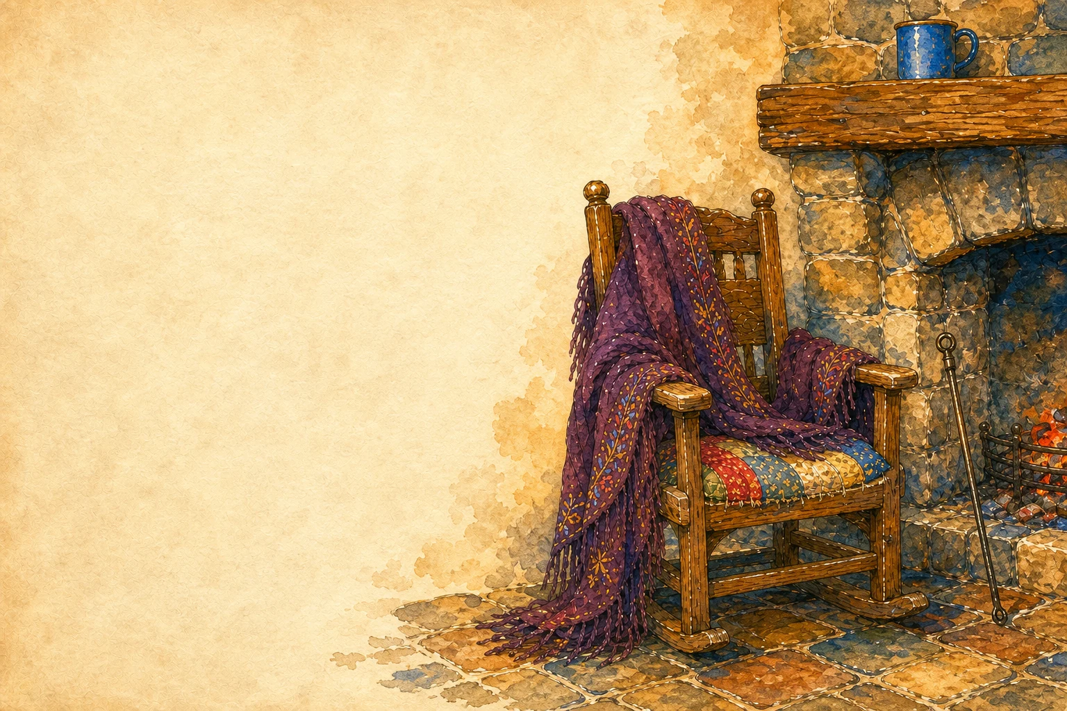 The storyteller's empty rocking chair beside a low banked fire, her plum shawl draped over its back and the poker leaning against the stone hearth beside it.