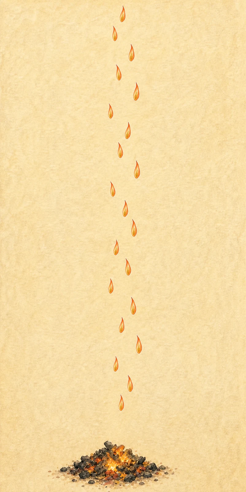 Twenty-one separate small gold sparks rise fully within the page in a thin zigzag column from a tiny bed of charcoal, one question-light for each fable.