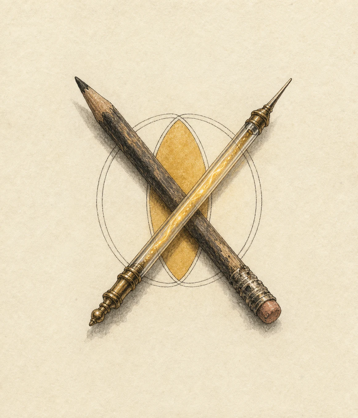 A worn pencil and a brass and glass stylus crossed over a manuscript page; where they cross, a small gold almond.