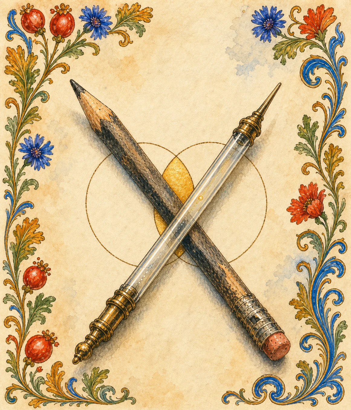 A worn pencil and a brass and glass stylus cross in front of two equal ink circles; only the circles' true almond-shaped intersection is gold.