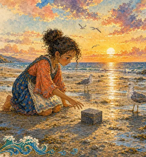 A girl kneels on a wide beach in low golden light, reaching toward a small plain grey box resting on the wet sand. Gulls watch, unimpressed.