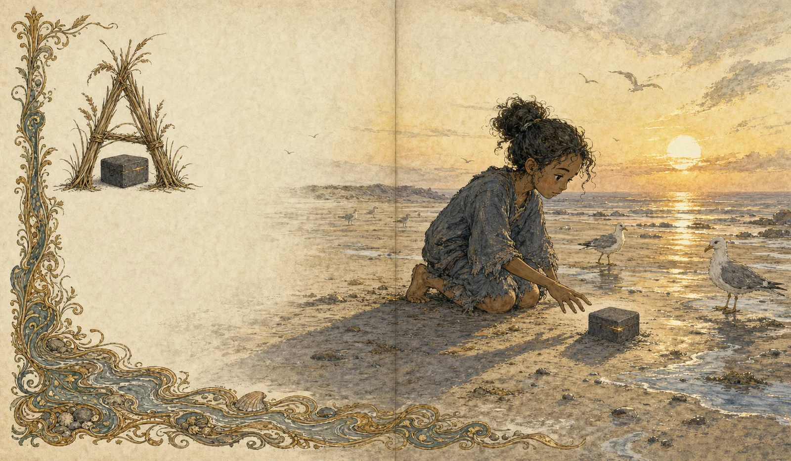 A girl kneels on a wide beach in low golden light, reaching toward a small plain gray box half buried in the sand. Gulls watch, unimpressed.
