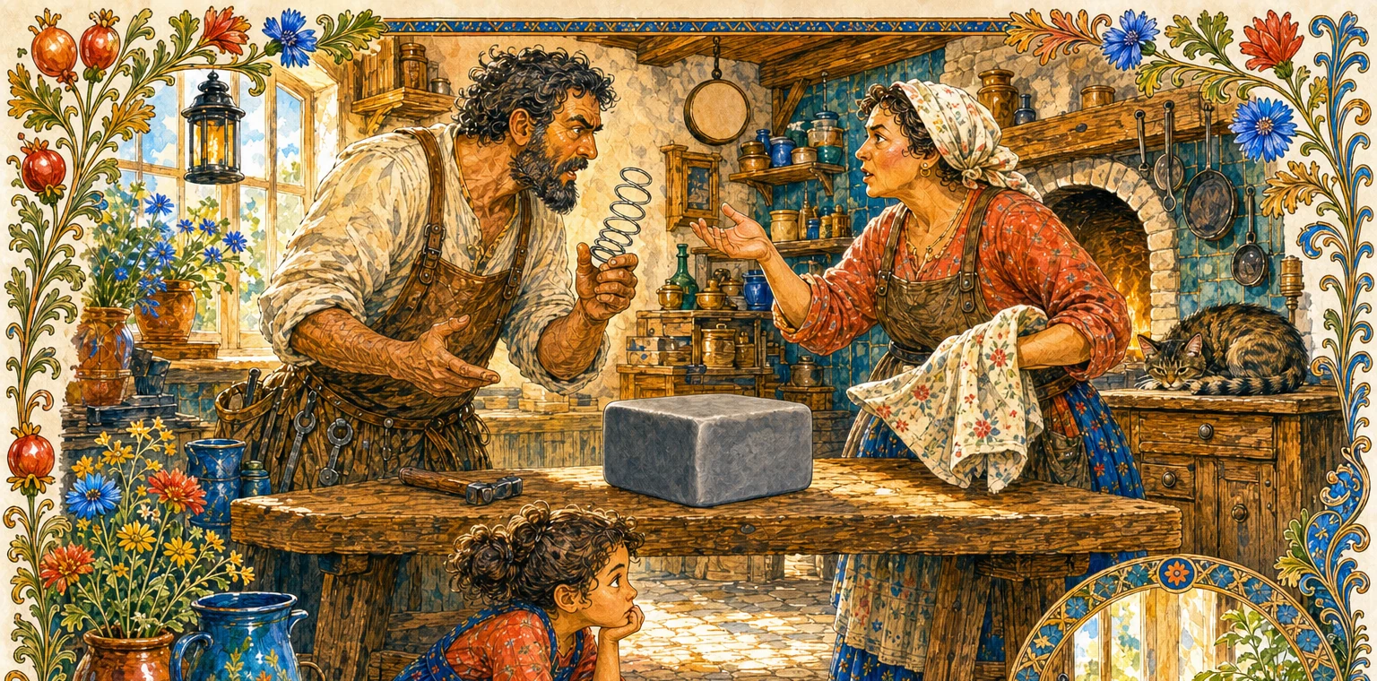 The blacksmith and the baker argue across a kitchen table over the box, he holding a spring, she a swaddling cloth; below the table line, the girl watches the box at its own level.