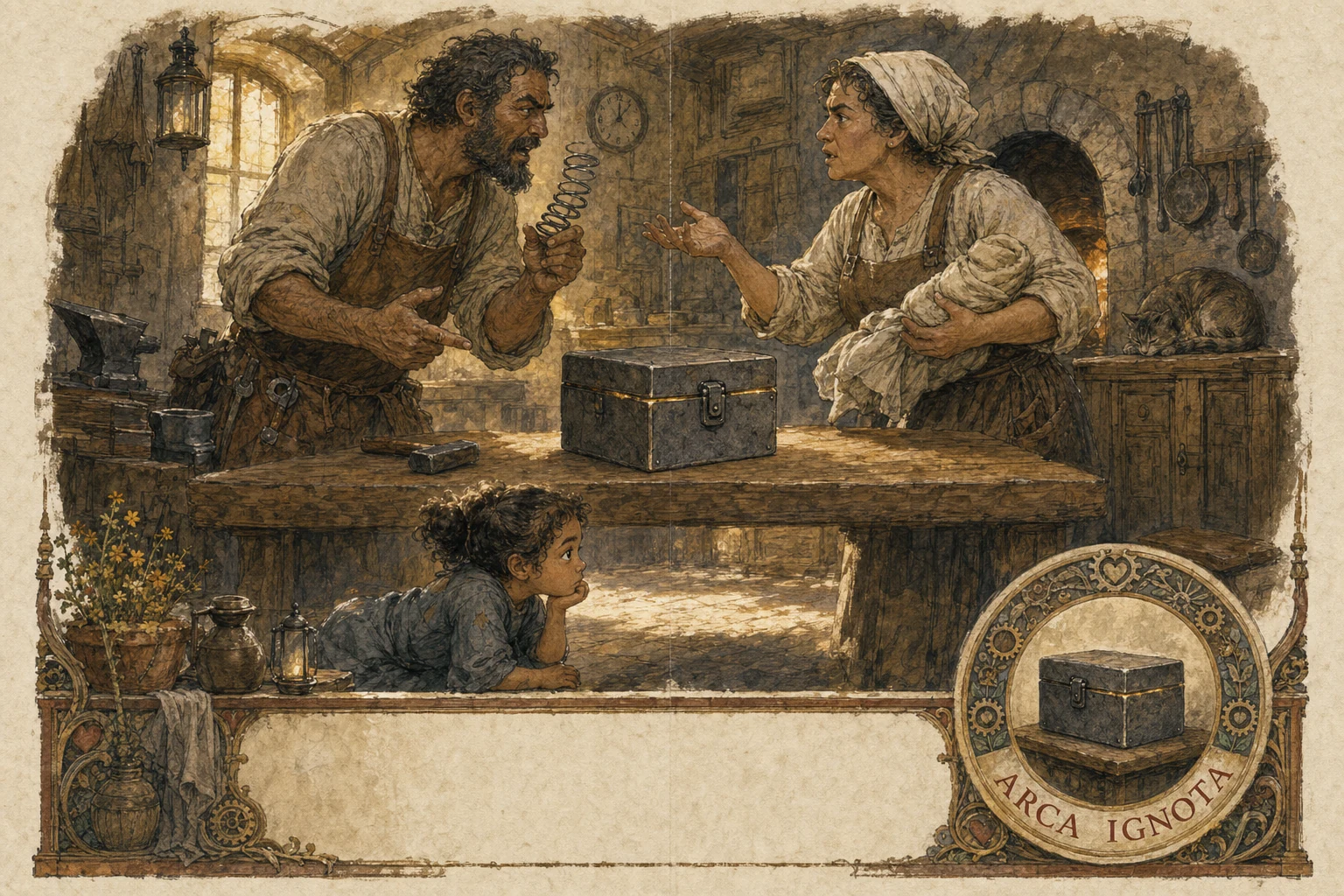 The blacksmith and the baker argue across a kitchen table over the box, he holding a spring, she a swaddling cloth; below the table line the girl watches the box itself, eye to eye.