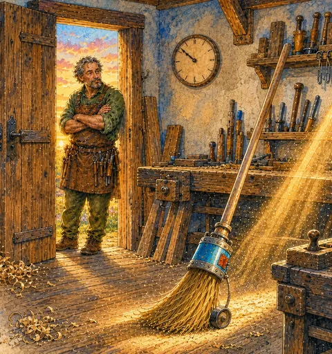 Evening in a carpenter's workshop. The clever broom sweeps along a sunbeam full of golden dust while the plain wall clock ticks above; the carpenter watches from the workshop doorway.