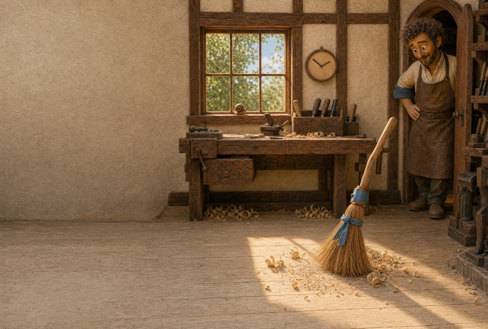 A wooden broom with blue bindings sweeps wood shavings by itself through a patch of sunlight in a carpenter’s workshop. A round clock hangs above the bench, and the carpenter watches from the doorway.