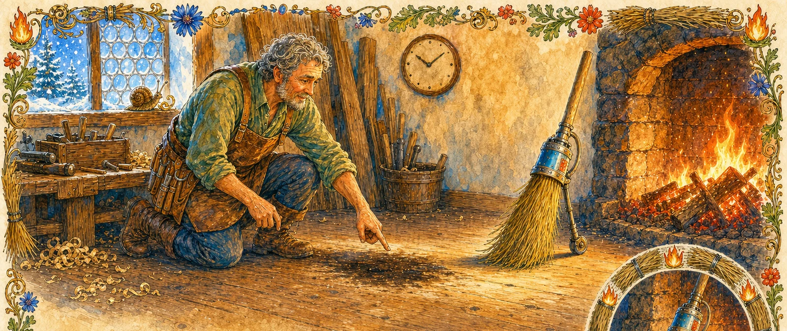The carpenter kneels down to the broom's height near the hearth, pointing out an old scorch mark on the floorboards; the fire glows lovely and dangerous at the edge of the frame.