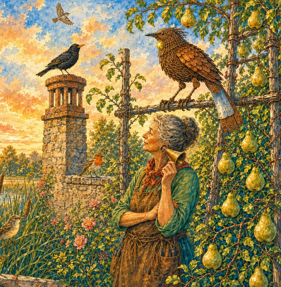 In a pear garden, a gardener tends the copper Garden-Grown Bird perched among leaves beside a wild blackbird, robin, warbler, and lark. Its willow ribs, clear glass throat with a gold thread, and one longer pale tin tail-feather repair are visible.