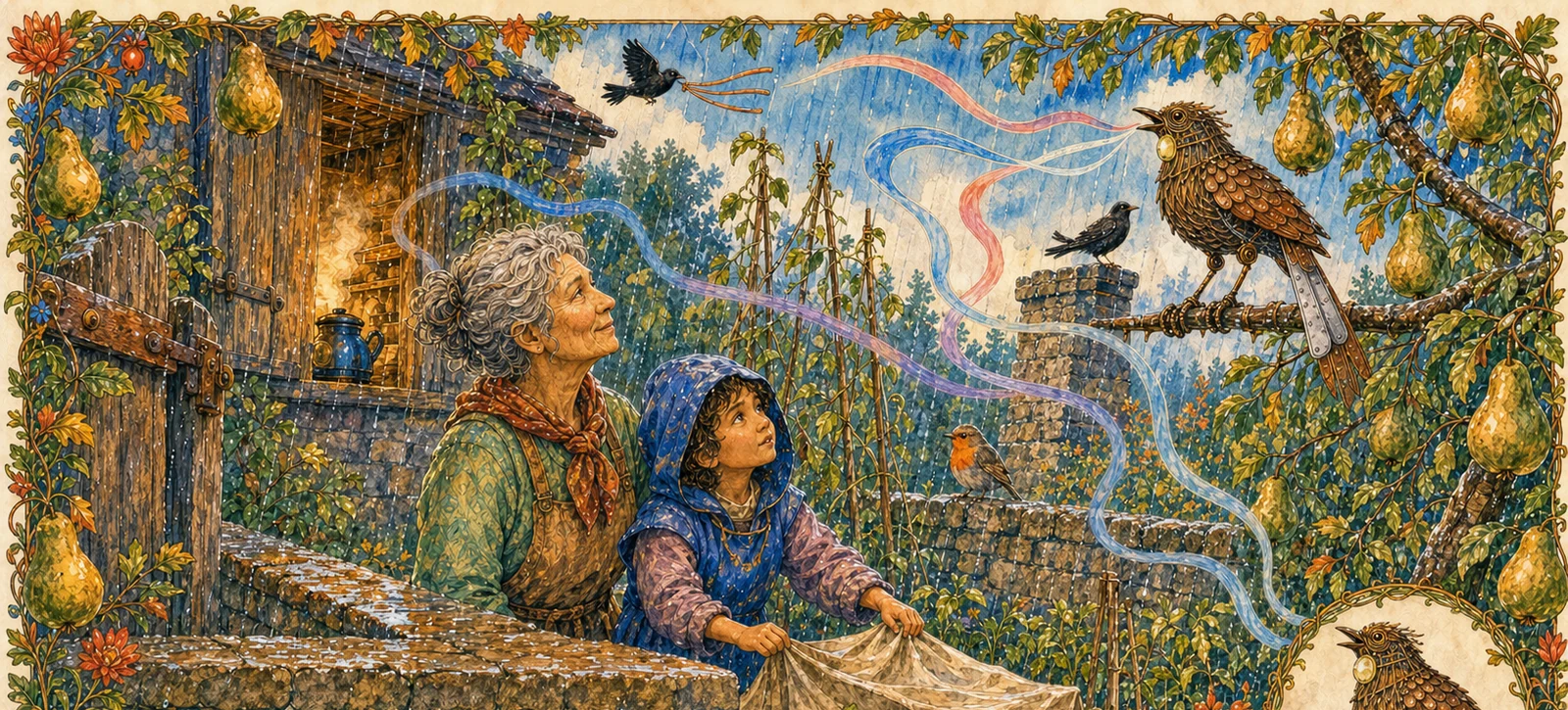 Autumn rain shines through the garden as the copper bird sings an unfamiliar song to the gardener and a child. Gold-and-copper ribbons mingle robin, kettle, hinge, rain, and whistle motifs; a blackbird listens from the chimney.