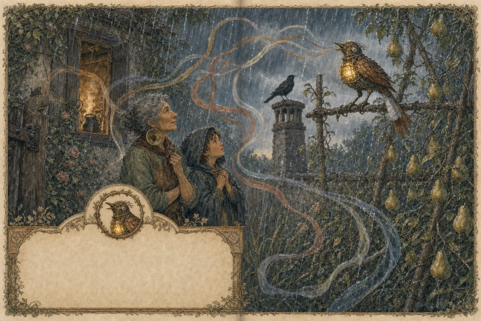 Autumn rain shines through the garden as the copper bird sings an unfamiliar song to the gardener and a child. Gold-and-copper ribbons mingle robin, kettle, hinge, rain, and whistle motifs; a blackbird listens from the pear tree.