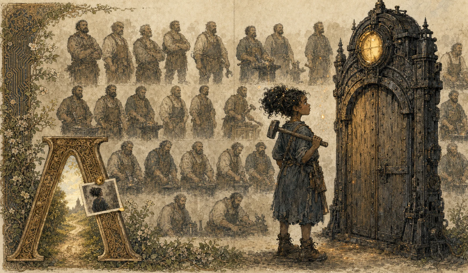 Ash the blacksmith, hammer over her shoulder, stands before the tall patient gate machine with its lantern face; behind them, filling the sky like wallpaper, a hundred years of sepia photographs of broad bearded blacksmiths.