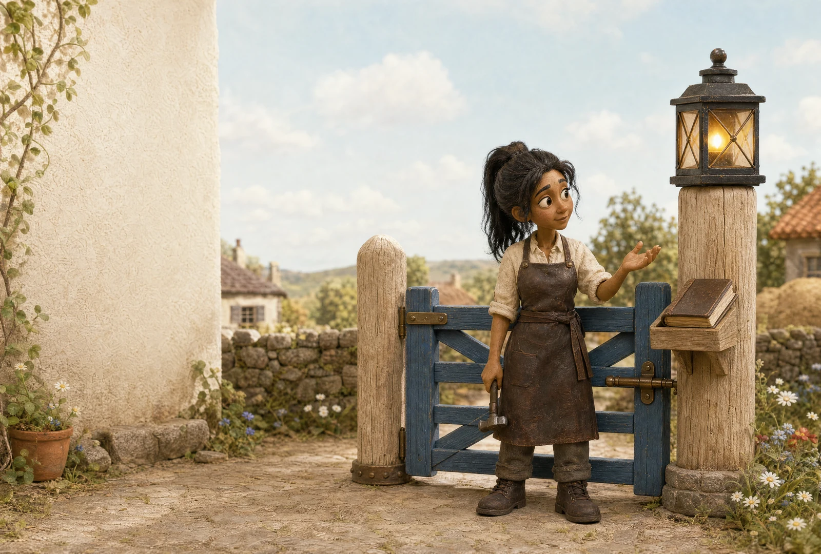 Ash stands at the closed blue gate, holding a hammer and raising her other hand towards the glowing lantern on the gatepost. Two closed albums rest on a small shelf below it.