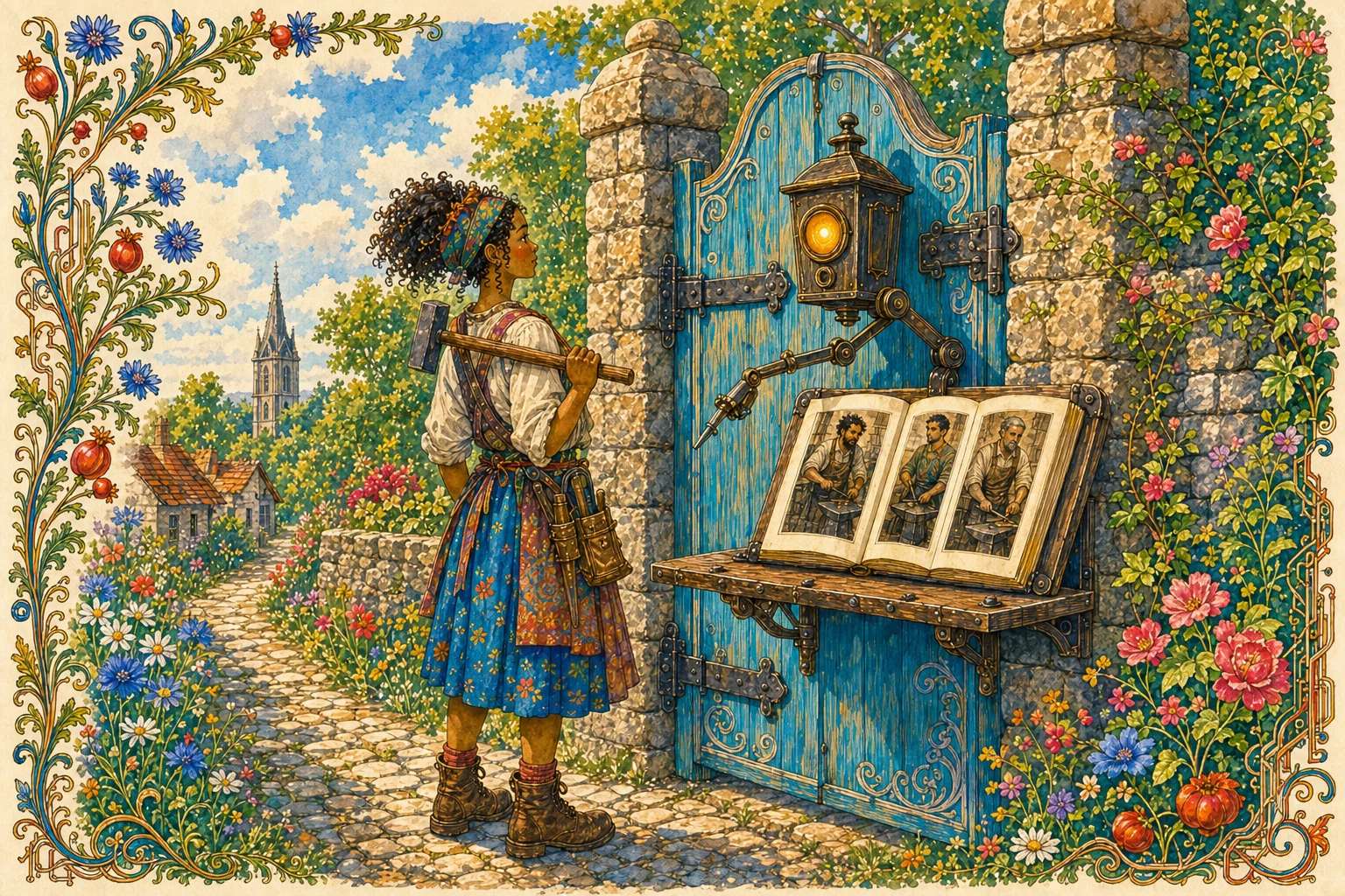 Ash the blacksmith stands before the open gate machine with a hammer over her shoulder. On the gate's hinged inspection desk lies a real album open to three old blacksmith portraits, while the machine points from the photographs toward Ash.