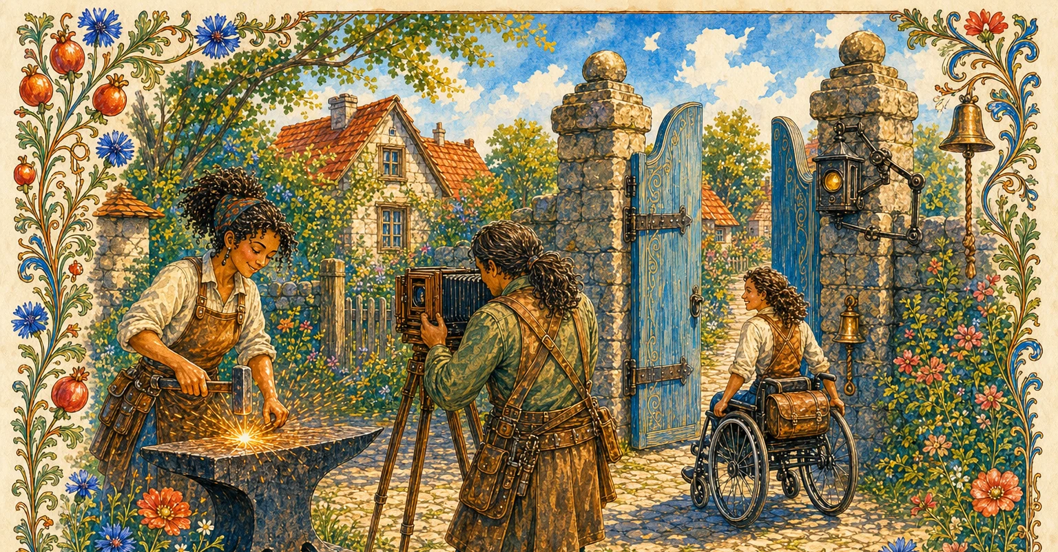 On a bright spring day, Ash works at her anvil while the schoolteacher photographs her. The doctor's assistant passes through the open gate in a manual wheelchair, and the gate's appeal bell hangs ready beside its warm sensor.
