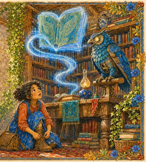 In a grand library the clockwork owl conjures a beautiful translucent book above the desk, like a ribbon of smoke with gold-stamped wings; below, a girl looks up amazed, already lacing her boots.