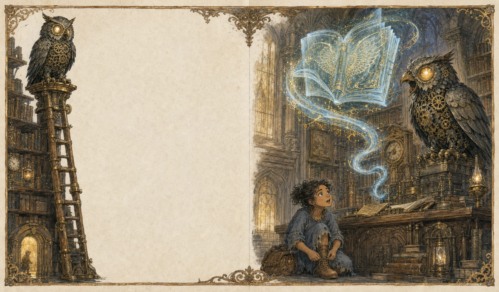 In a grand library the clockwork owl conjures a beautiful translucent imaginary book above the desk, like a ribbon of smoke with gold-stamped wings; below, a girl looks up amazed, already lacing her boots.