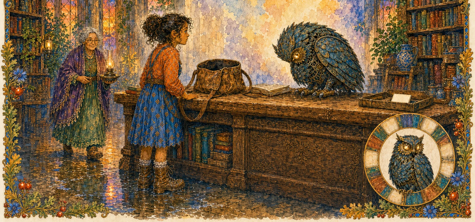 Dusk in the library. The girl stands at the great desk with wet shoes and an empty bag; the owl bends low over her, its gears stilled and its light guttering; the librarian approaches with a lamp. A tiny blank returns card lies nearby.