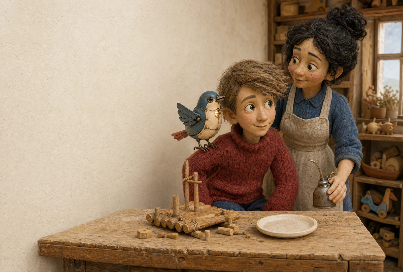 The tin Yes-Bird perches on a boy’s shoulder at the workshop table. His mother stands behind him holding an oil can. A little wooden raft, loose blocks and an empty plate lie on the table.