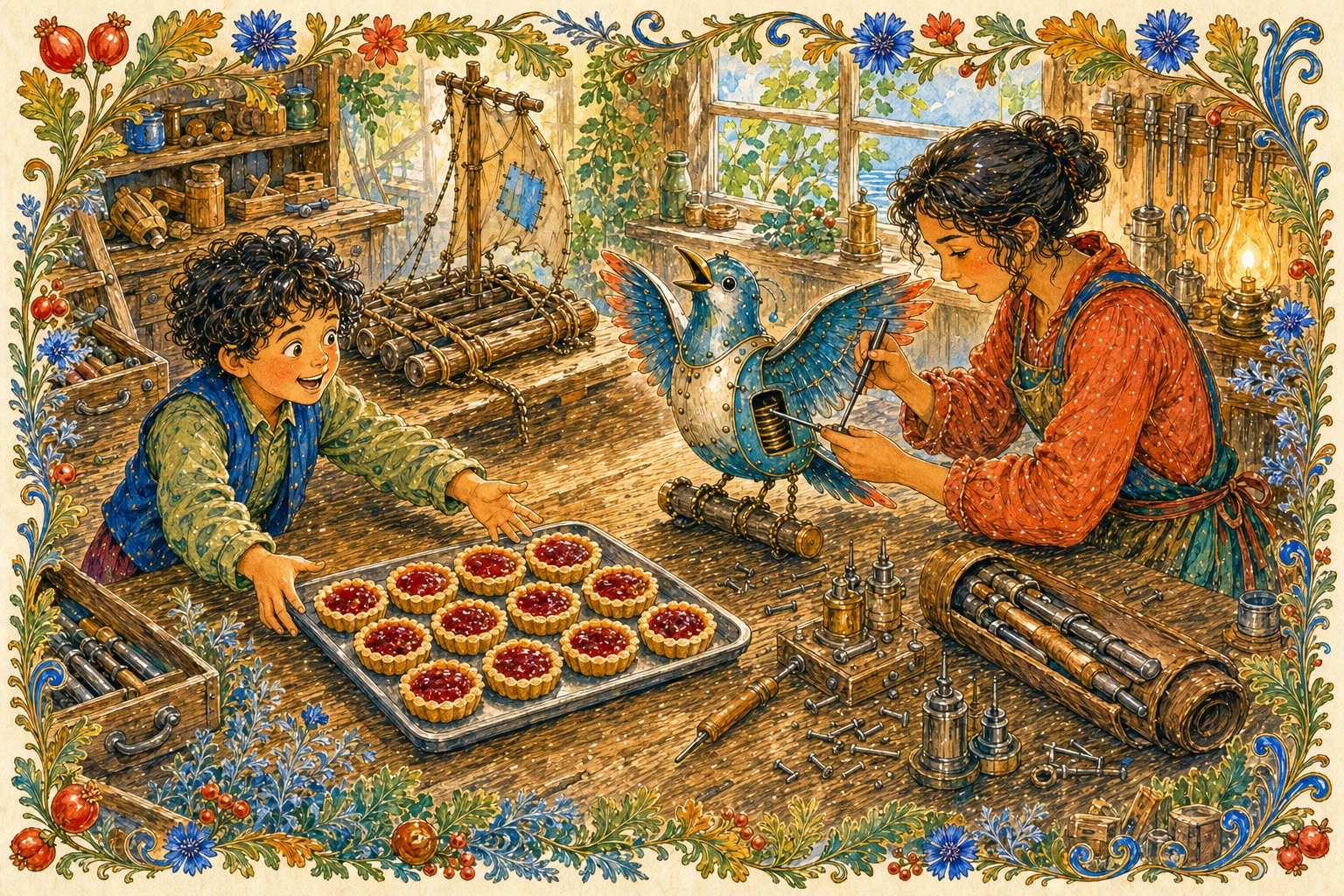 At one crowded workshop table, a boy reaches toward exactly twelve jam tarts while his mother adjusts the tin Yes-Bird. The flimsy raft they have been discussing lies beside them among ordinary tools.