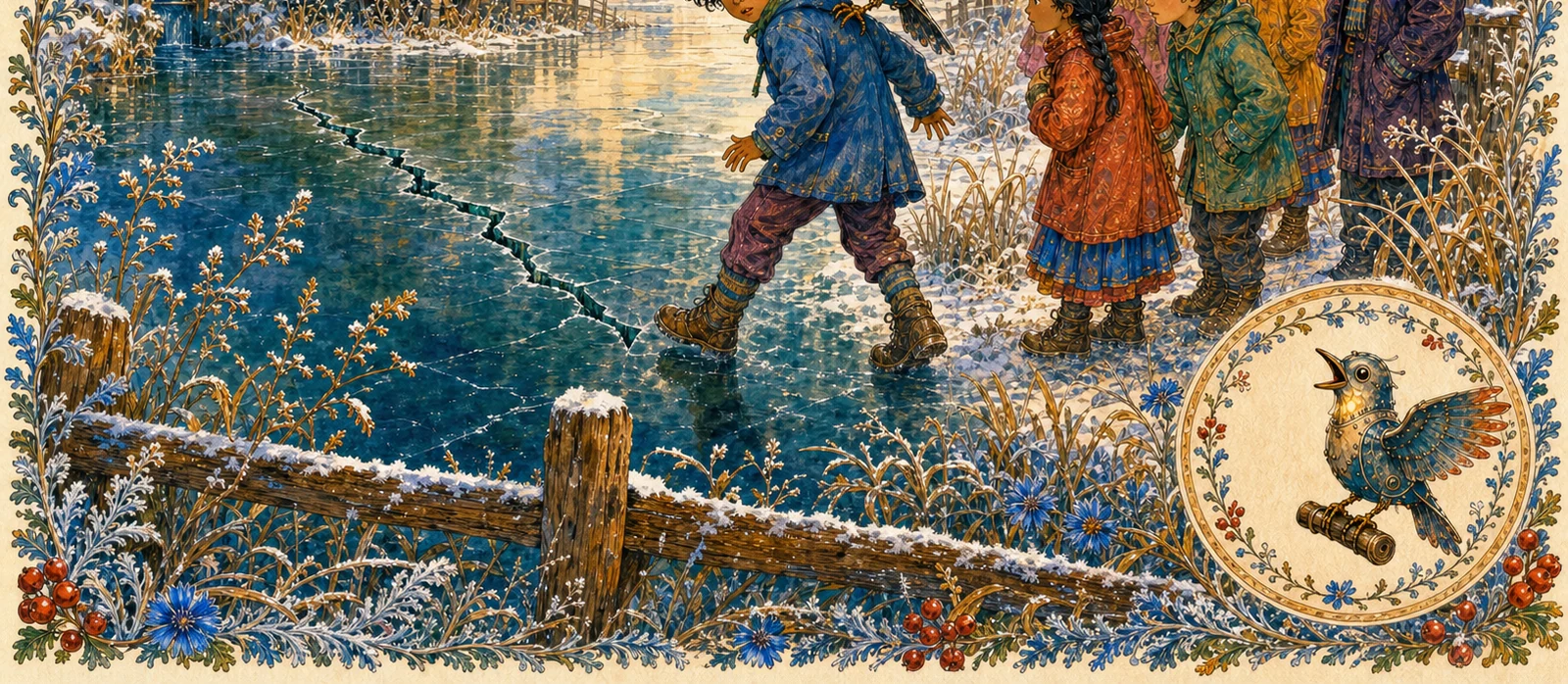 Winter. A boy steps onto dark thin pond ice while children watch from the bank; the tin bird on his shoulder rears back with open beak to sound one rusty warning note; under the surface a long crack has already begun.