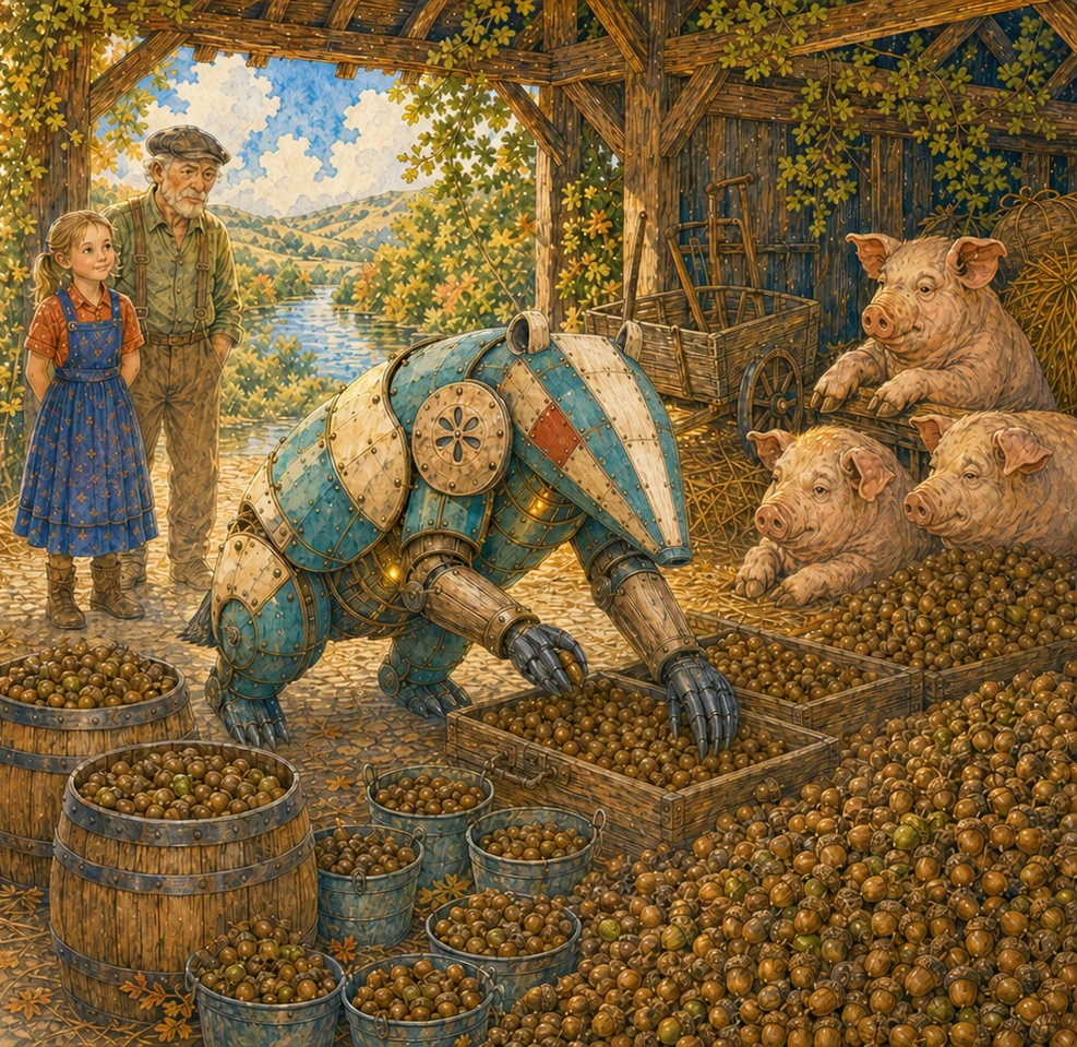 An iron badger with a punched-flower maker's mark sorts mountains of acorns in a sunlit harvest shed; young Hannah stands beside the old farmer who built it, both watching from the doorway; pigs look on with private opinions.