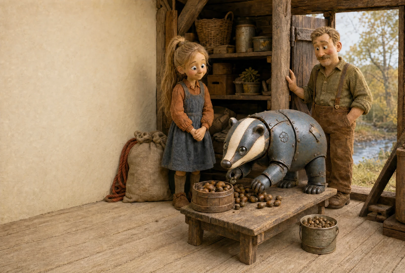 The iron Badger sorts acorns on a wooden bench while young Hannah and her father watch. A punched flower marks its shoulder.
