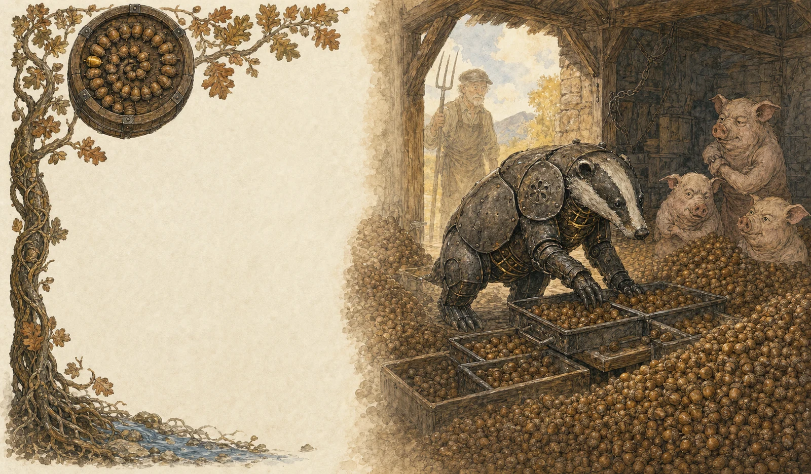 An iron badger with a punched-flower maker's mark sorts mountains of acorns in a sunlit harvest shed; the old farmer who built it watches from the doorway, painted translucent like a memory; pigs look on with private opinions.